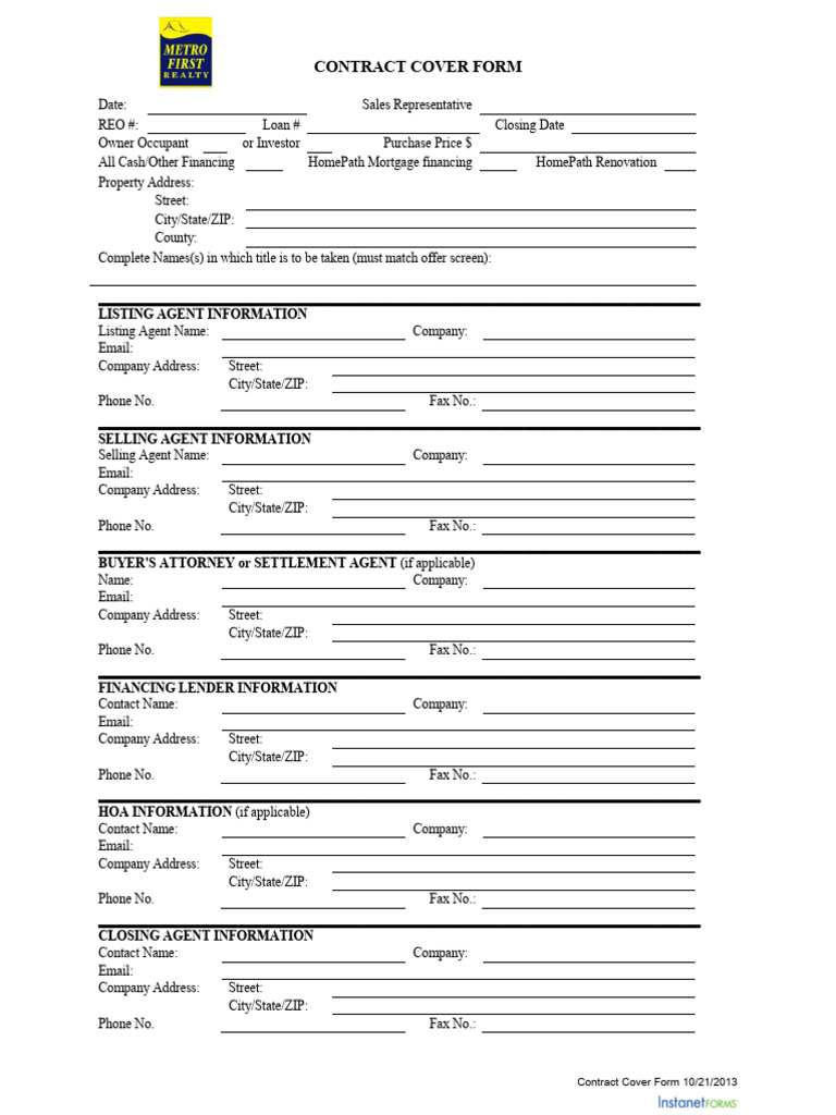 Fannie Mae REO Contract Cover Form | PDF