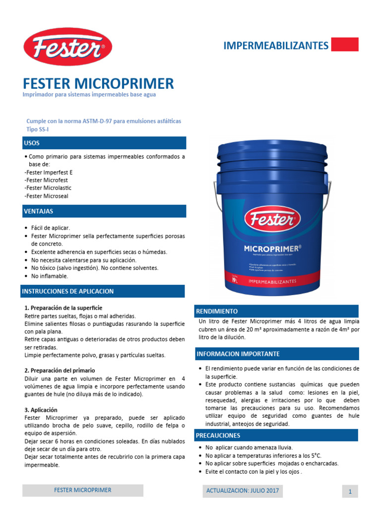 Imprimador Fester Microprimer: Usos y Aplicación | PDF | Agua