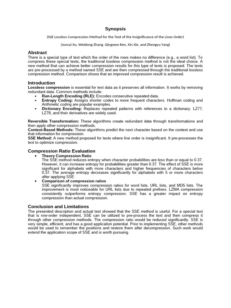 Synopsis Research Paper 1 (SSE) 1 | PDF | Data Compression | Algorithms ...