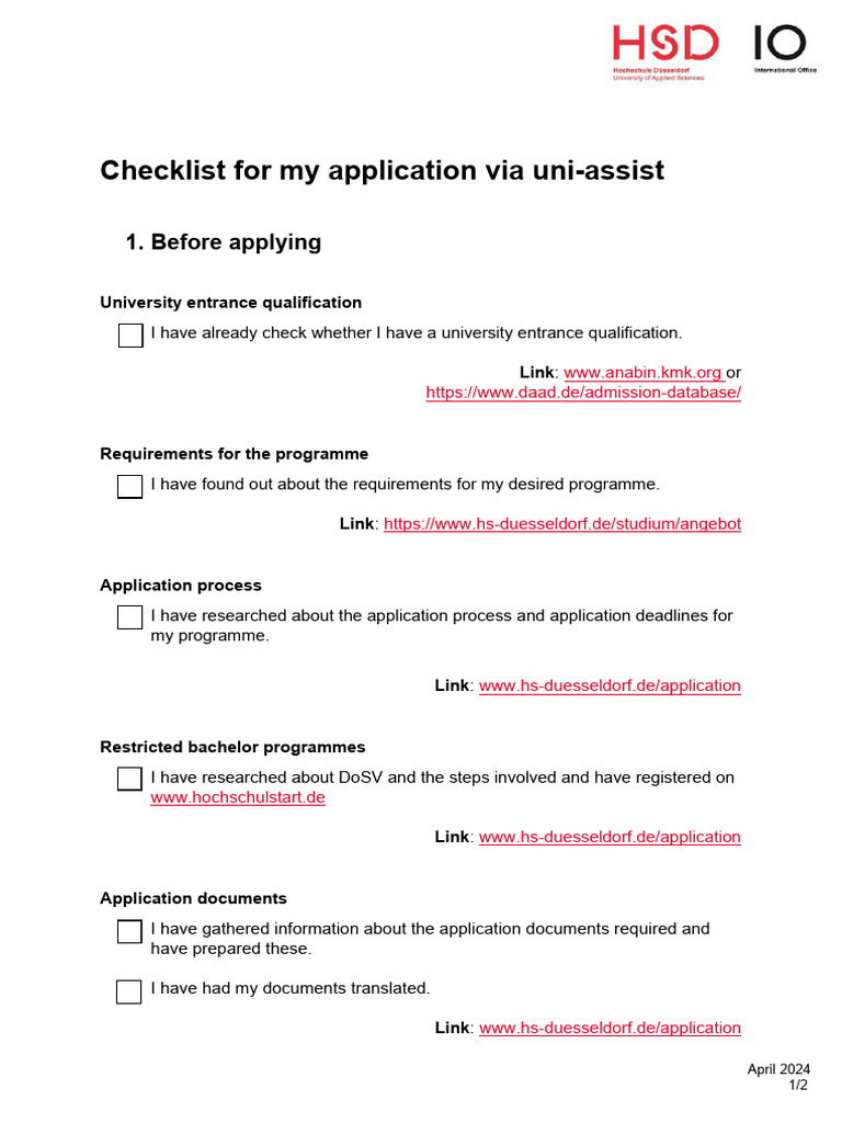 Uni-Assist Application Checklist 2024 | PDF | Career & Growth