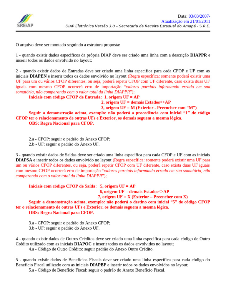 Estrutura do Arquivo DIAP Eletrônica 3.0 | PDF | Processo de negócios ...