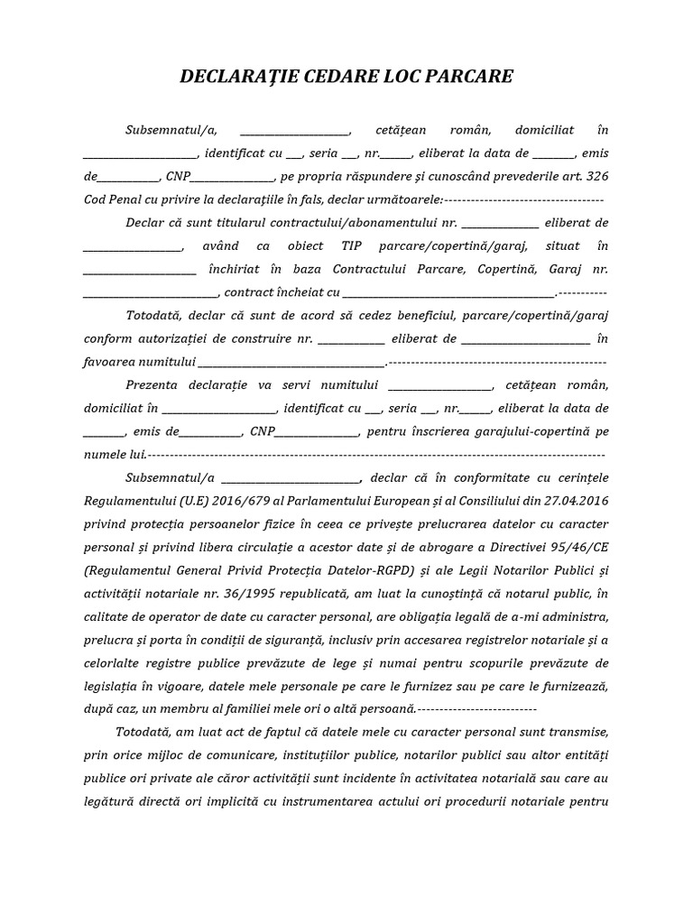 Template Declaratie Cedare Loc Parcare | PDF