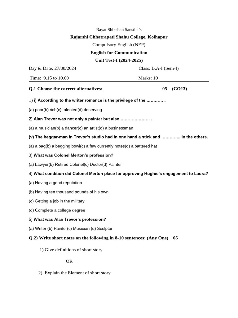 Compulsory English Unit Test 2024-25 | PDF