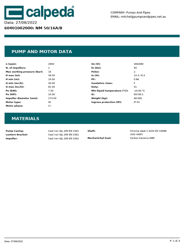NM 50/16A/B Pump Specifications | PDF | Pump | Mechanical Engineering