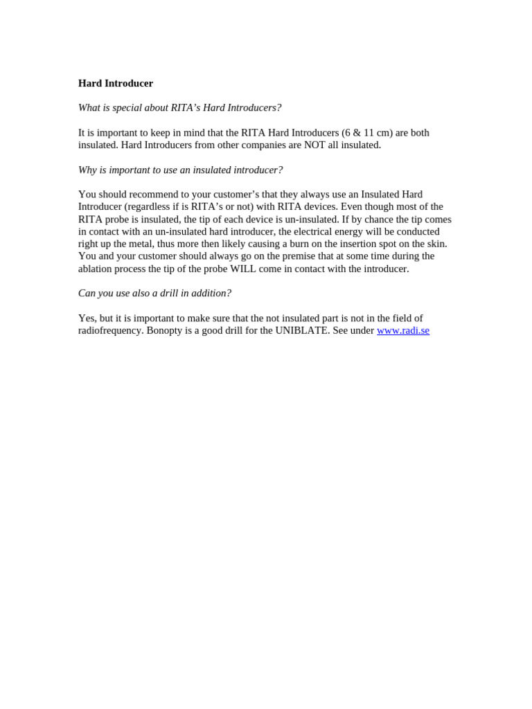 RITA Hard Introducers: Insulated Benefits | PDF