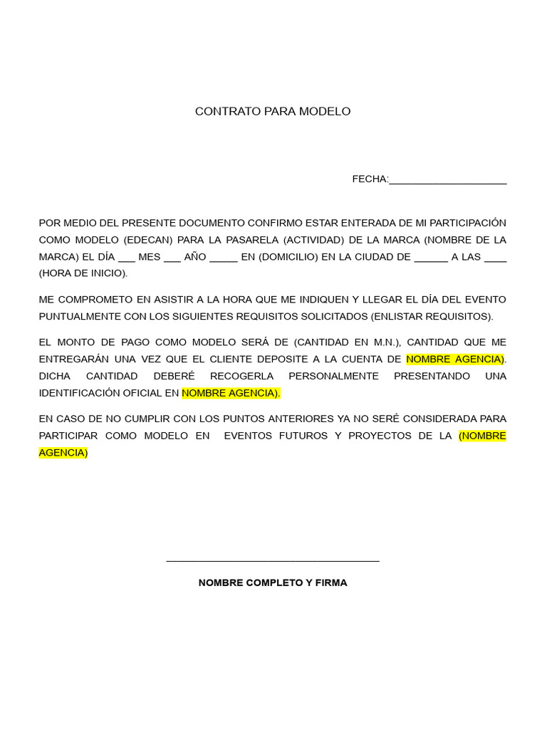 Machote Contrato Agencia Modelos | PDF | Negocios | Derecho