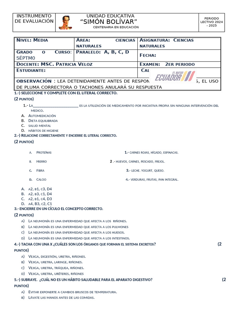 Examenes Ciencias 7C Segundo Trimestre | PDF