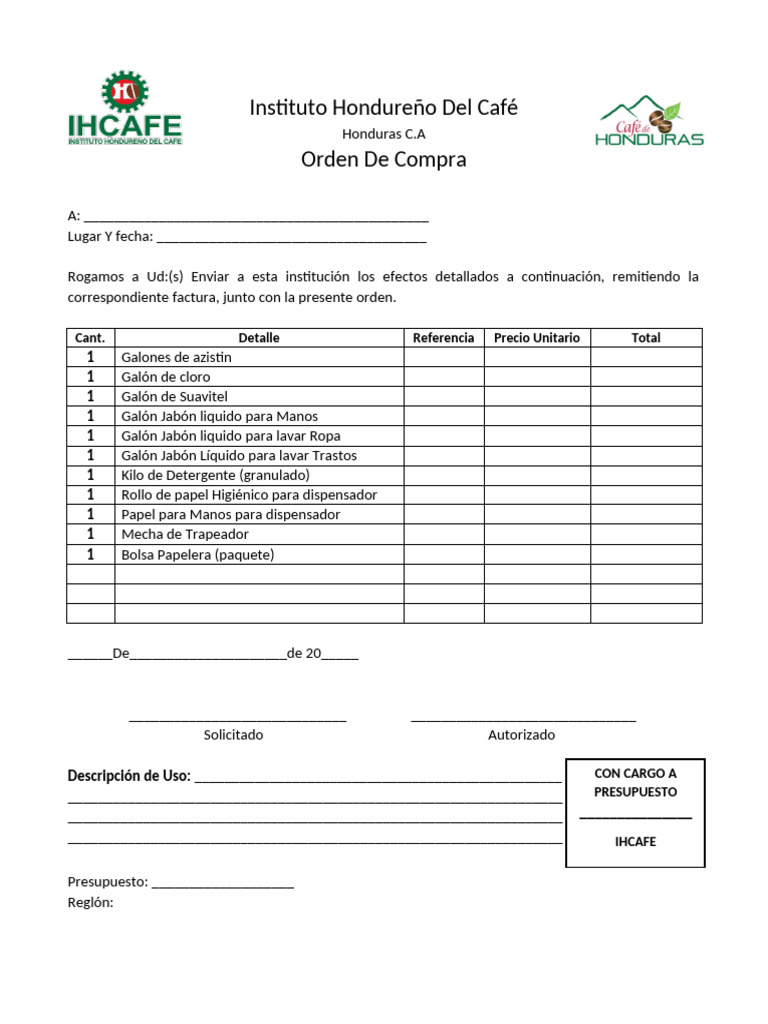 ORDEN DE COMPRA Insumos de Limpieza | PDF | Finanzas y dinero