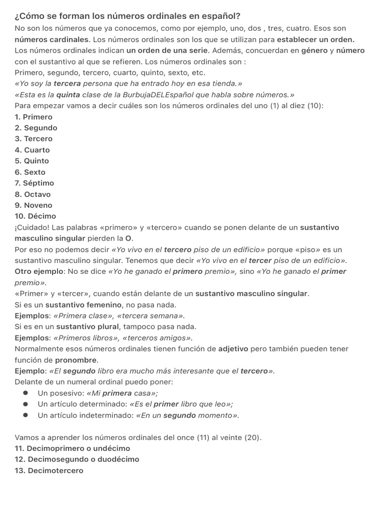 ¿Cómo se forman los números ordinales en español | PDF | Sustantivo ...