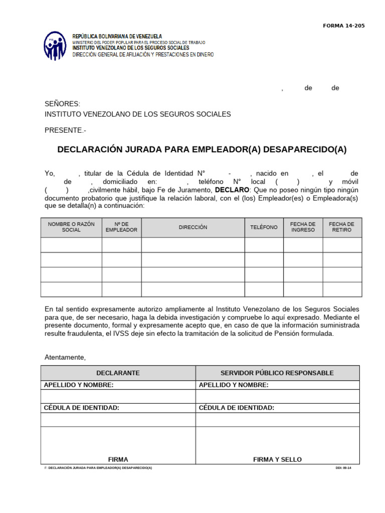 Declaración Jurada IVSS 14-205 | PDF