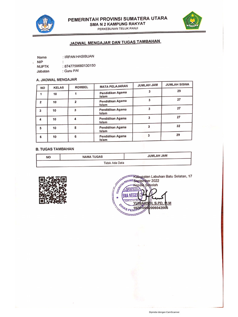 Jadwal Mengajar Irpan Hasibuan, S.PdI | PDF
