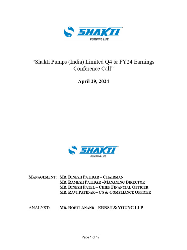EY ShaktiPumps 29apr2024 Earnings Call Transcript | PDF | Prices