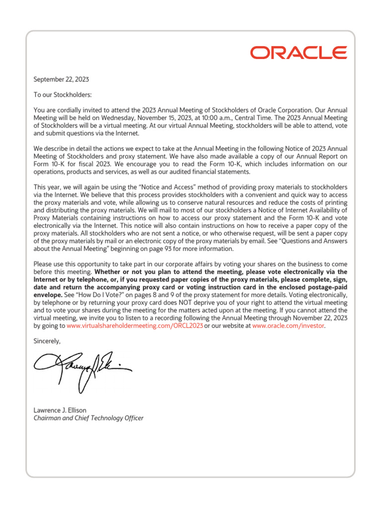 Oracle 2023 Virtual Stockholders Meeting | PDF | Proxy Voting ...