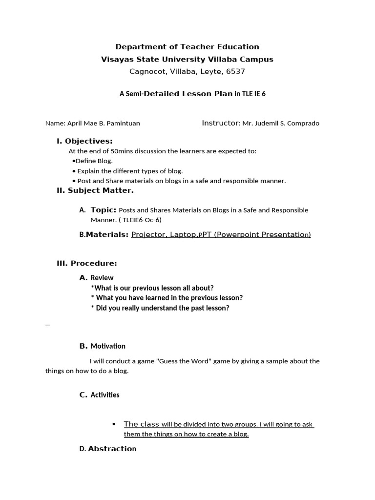 A4s Semi Detailed Lesson Plan Format BEEd 1A 1 | PDF | Blog | Lesson Plan