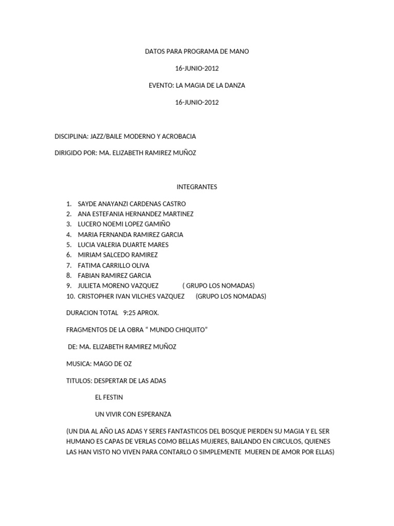 Datos para Programa de Mano | PDF