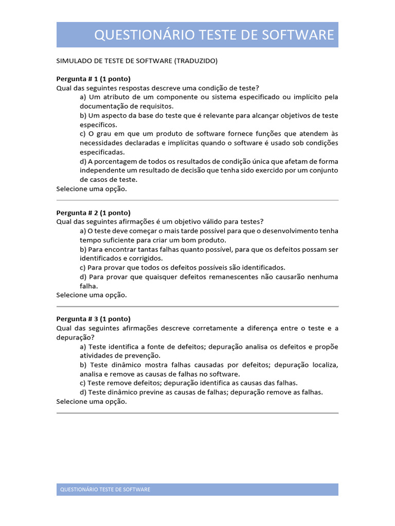 Questionário de Teste de Software | PDF | Testes de software | Programas