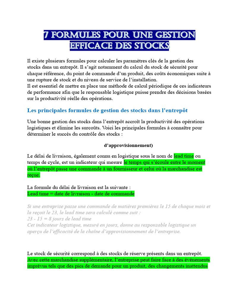Formules clés pour la gestion des stocks | PDF | Inventaire | Logistique