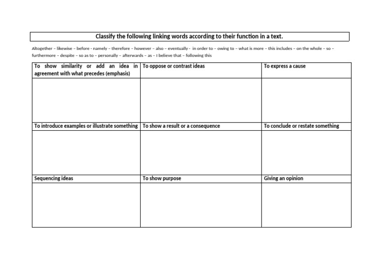 Classifying Linking Words Activity | PDF | Language Arts & Discipline ...