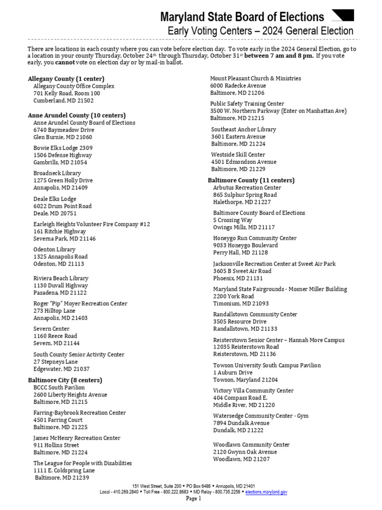 Maryland Early Voting Locations 2024 | PDF | Voting | Maryland