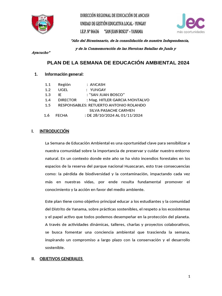 PLAN DE LA SEMANA DE EDUCACION AMBIENTAL | PDF | Residuos | Sustentabilidad