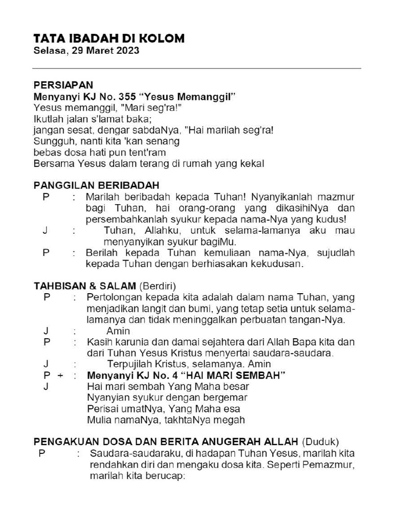 Tata Ibadah Kolom 29 Mar 2023 - Minggu Sengsara V - GMIM Pinaesaan | PDF