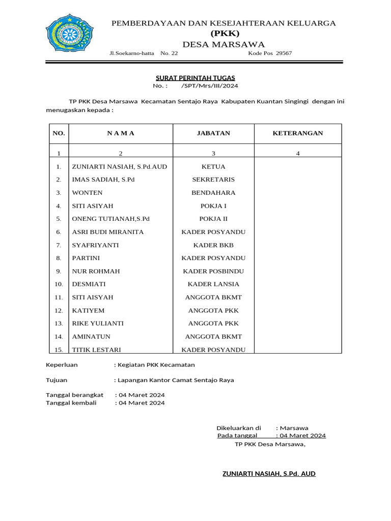 Surat Tugas Kegiatan PKK Marsawa | PDF