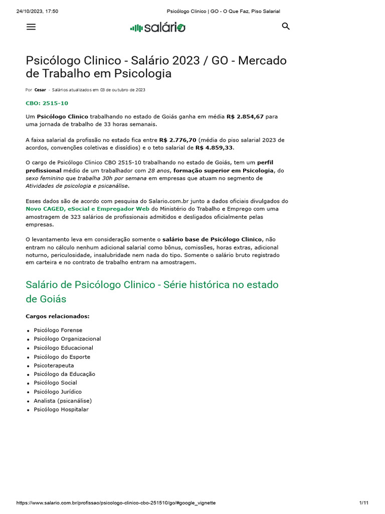 Salário do Psicólogo Clínico em GO 2023 | PDF | Salário | Psicologia