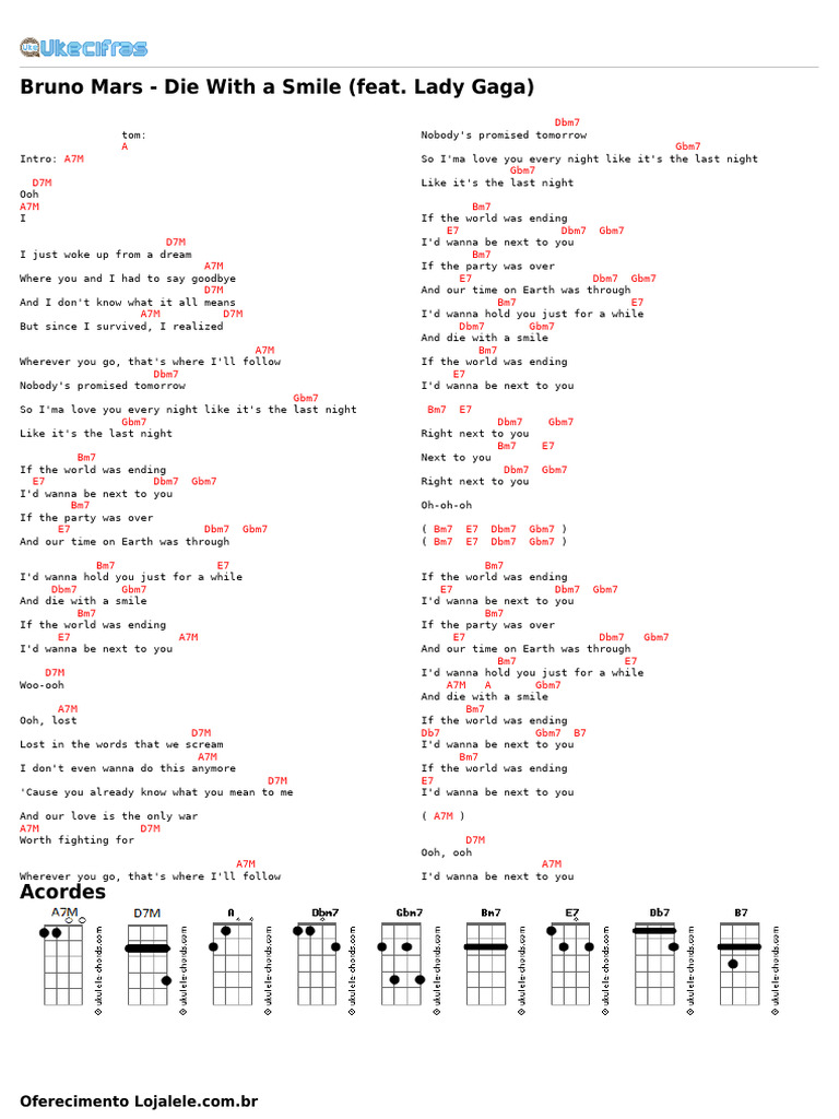 Bruno Mars - Die With A Smile (Feat. Lady Gaga) (Uke Cifras) | PDF ...