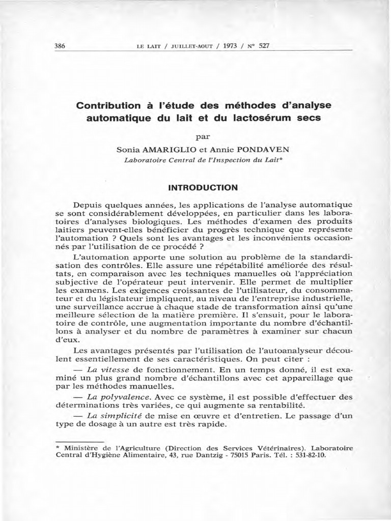Analyse automatique du lait et lactosérum PDF Acide lactique Chimie — free download