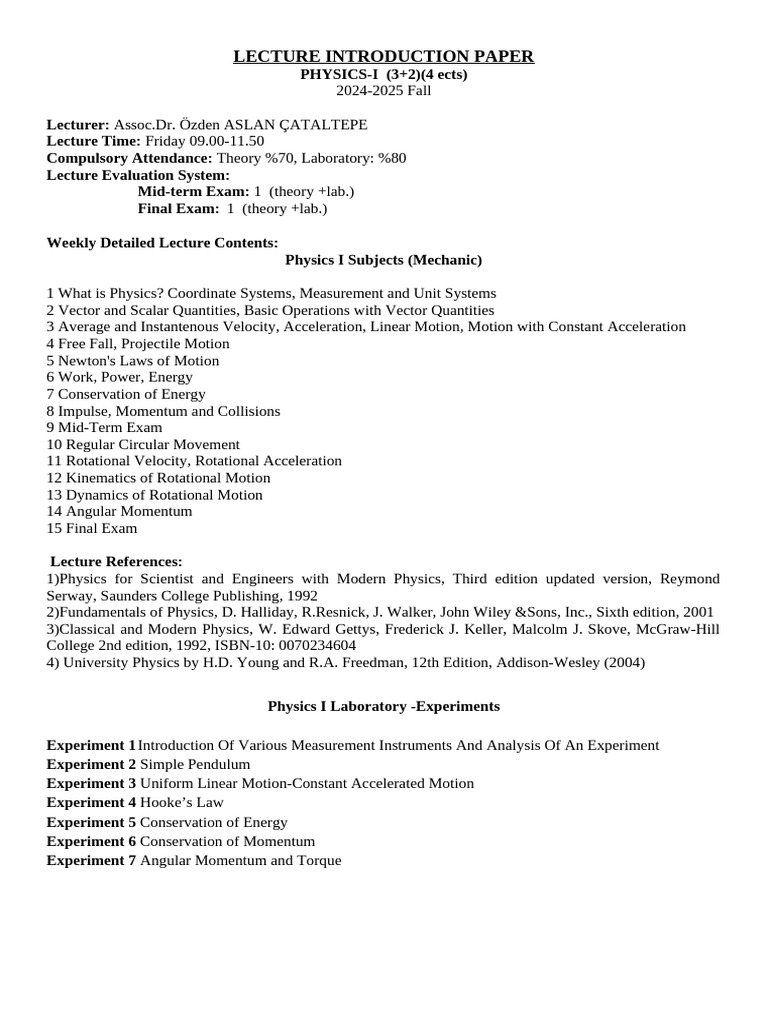 Physics_I_introduction_paper_2024-2025 | PDF