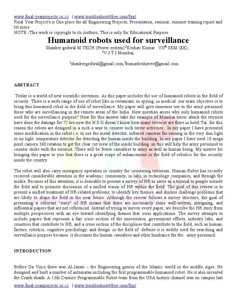 Humanoid Robots Used For Surveillance: WWW - Final-Yearprojects - Co.cc ...