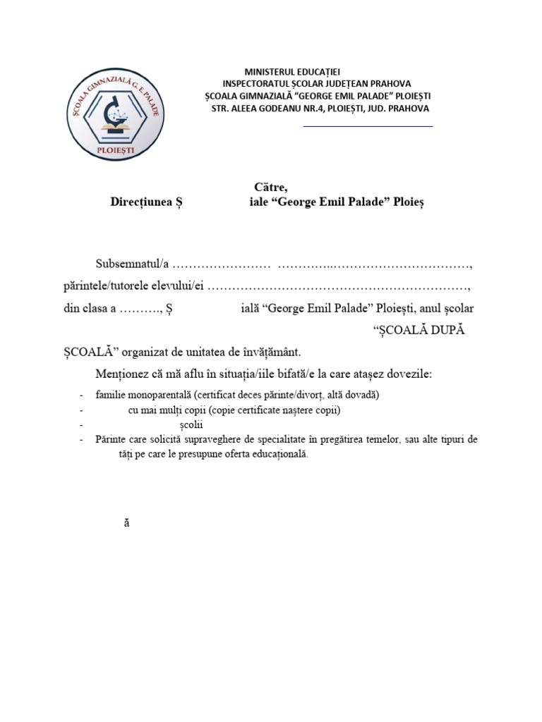 Cerere Inscriere Si Retragere SCOALA DUPA SCOALA | PDF