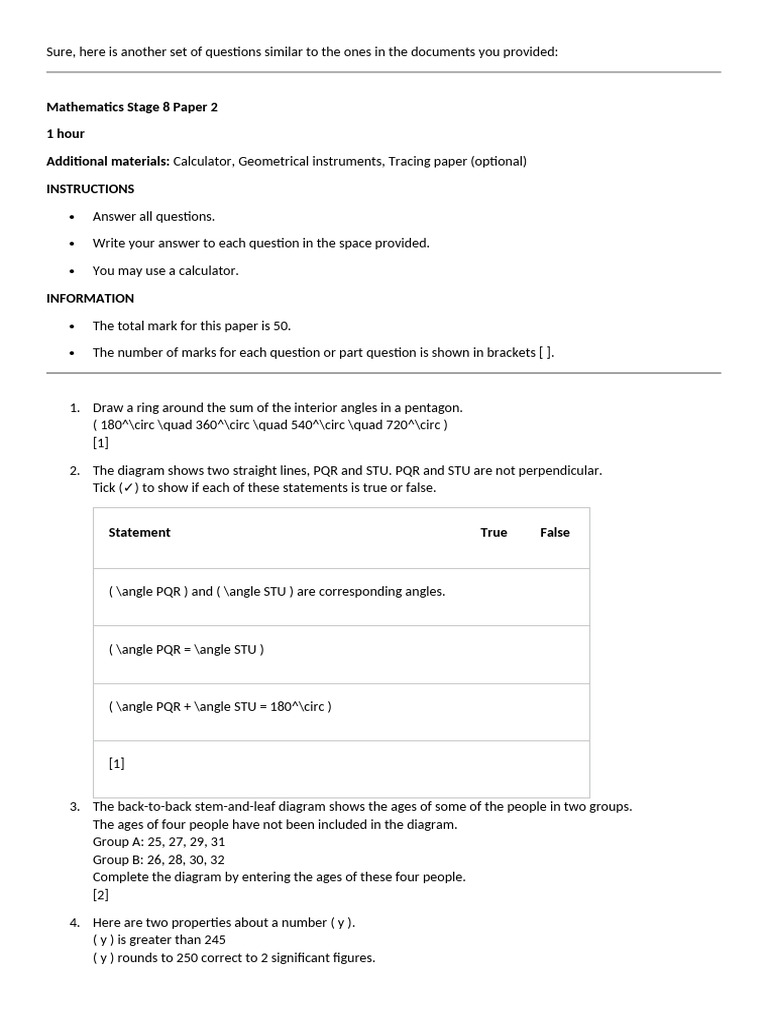 Mathematics Stage 8 Paper 2 Questions | PDF | Area | Geometry