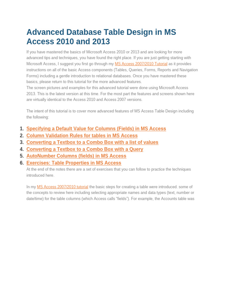 Advanced Database Table Design in MS Access 2010 and 2013 | PDF ...