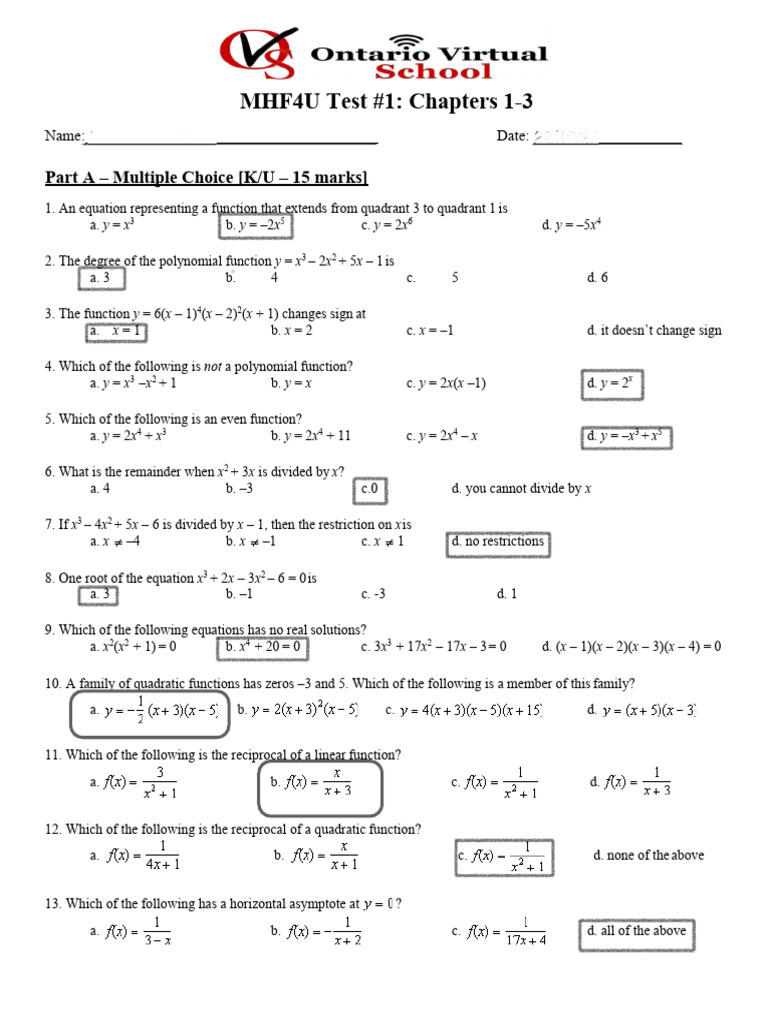 Advanced Functions - Unit 1 Test Answers 2 | PDF | Asymptote | Function ...
