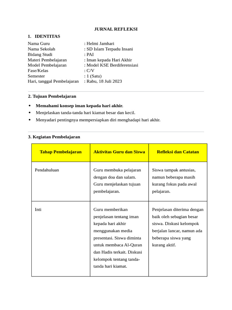 Jurnal Refleksi Pembelajaran PAI SD | PDF