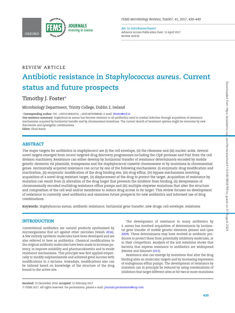 Antibiotic Resistance in Staphylococcus Aureus. Current | PDF ...