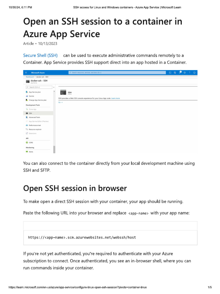 Open An SSH Session To A Container in Azure App Service | PDF