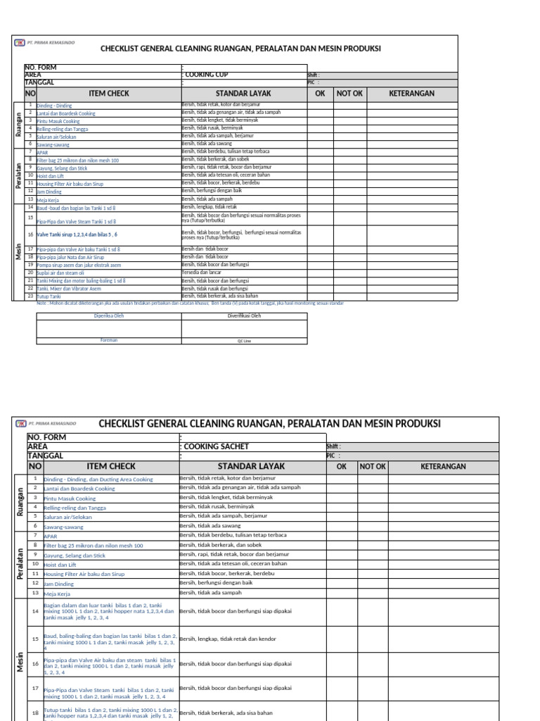 Checklist General Cleaning Produksi | PDF