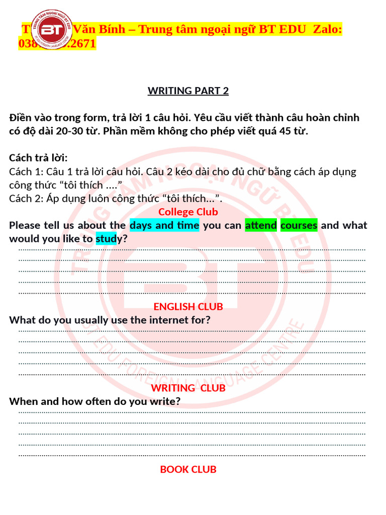 Lesson 2 Writing Part 2 Câu Hỏi | PDF