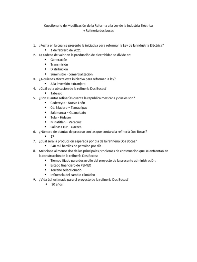 Cuestionario de Modificación de La Reforma A La Ley de La Industria ...