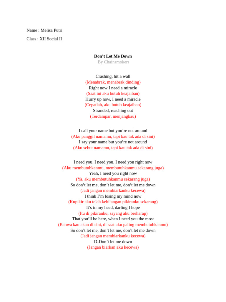 Lirik Lagu "Don't Let Me Down" | PDF