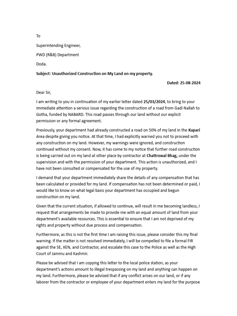 Unauthorized Land Construction Complaint | PDF | Justice | Crime & Violence
