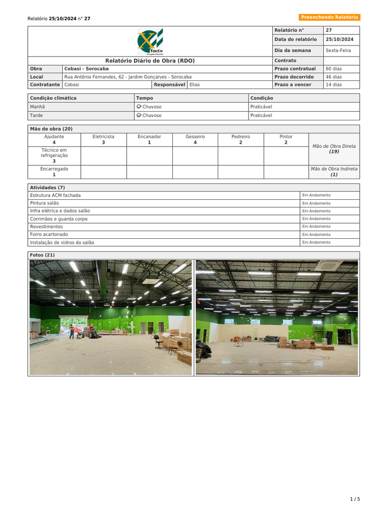 Relatório Diário de Obra (RDO) N° 27 - 25-10-2024 | PDF