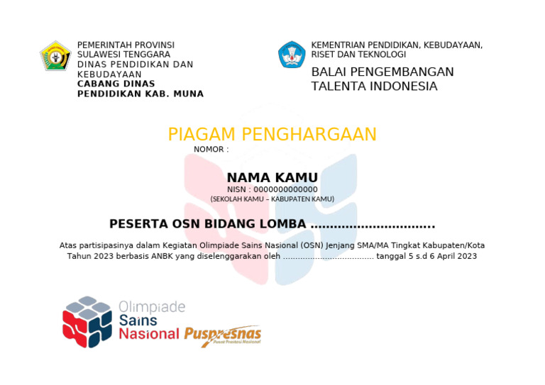 Piagam OSN Tingkat Kabupaten 2023 | PDF | Seni | Sains & Matematika