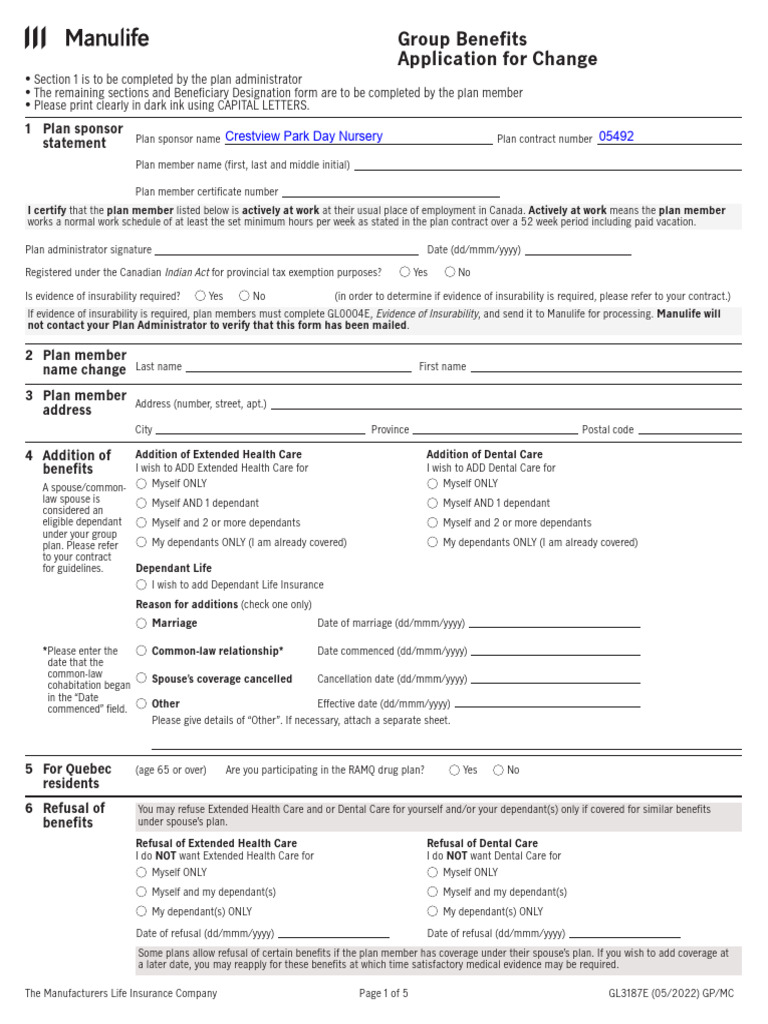 Manulife Application For Change | PDF | Banks | Insurance