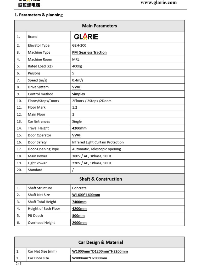 Gearless Traction Elevator Specifications | PDF | Elevator | Door
