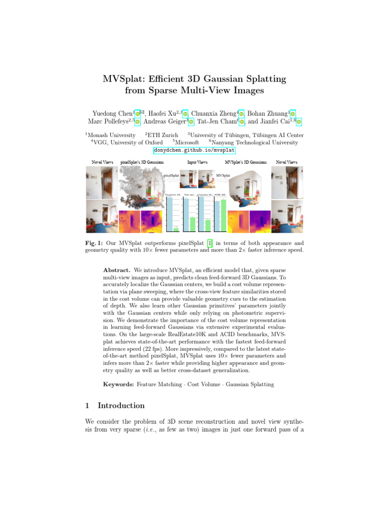 MVSplat: Fast 3D Gaussian Splatting | PDF