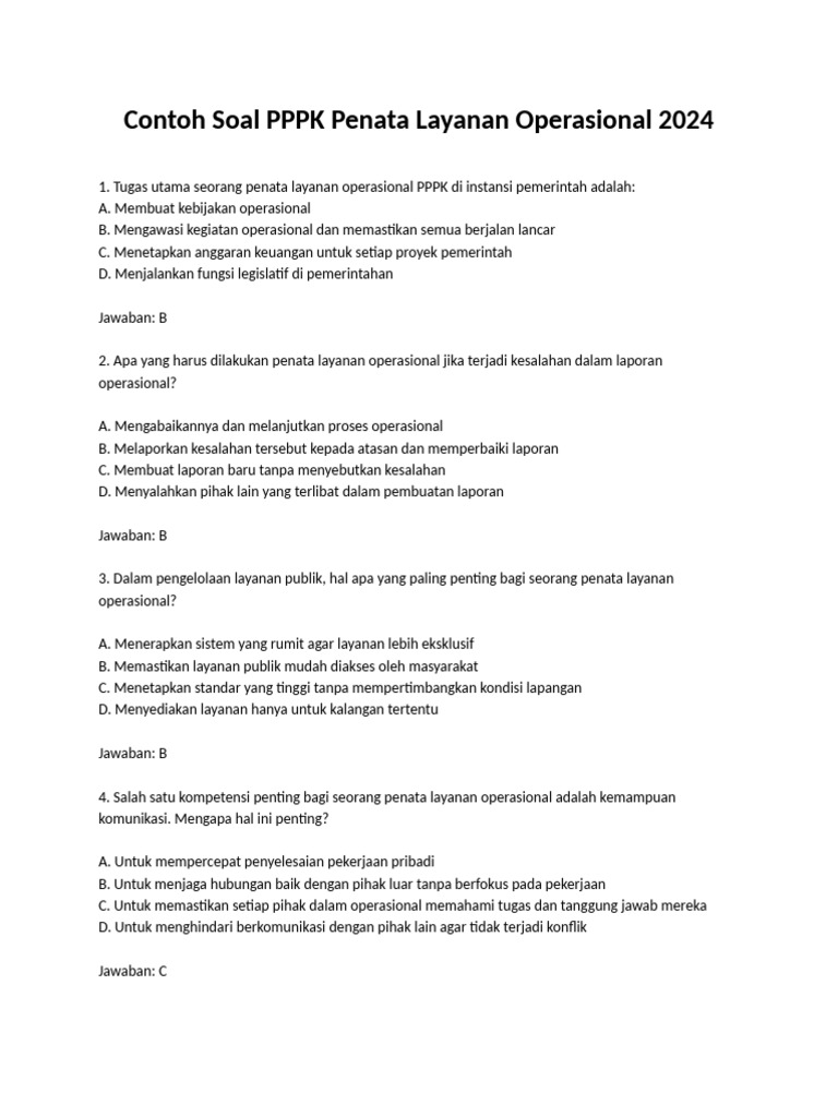 Contoh Soal PPPK Penata Layanan Operasional 2024 | PDF