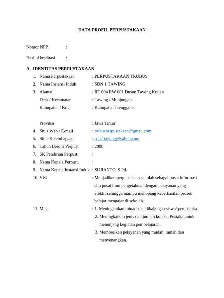 Profil Perpustakaan Trubus SDN 1 Tawing | PDF